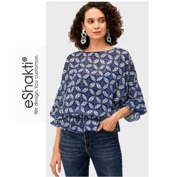 NWOT eShakti blue and white print sheer top - Picture 2 of 15